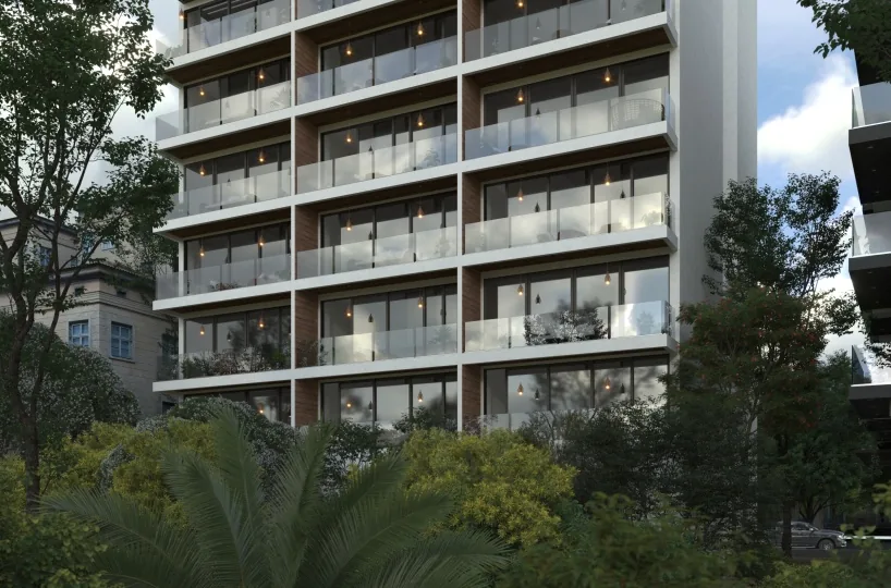 Render del edificio de departamentos Central Park: balcones de cristal y fachada con madera, rodeado de vegetación